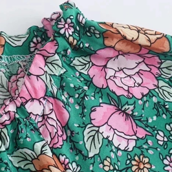 Bohemian Green & Pink Floral Peasant Blouse Top - Picture 4 of 6